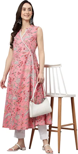 Vista 5 de Janasya Angrakha Kurta de algodón rosa con estampado floral para mujeres indias