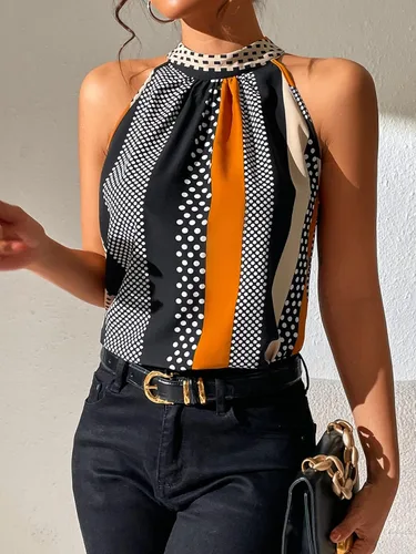 Vista 5 de SOLY HUX Blusas de verano para mujer, con cuello halter, diseño de lunares, a rayas, informal, sin mangas