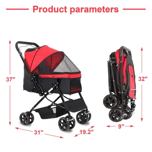 Vista 2 de Cochecito para perros con cuatro ruedas, carrito plegable para mascotas para perros pequeños y medianos y gatos con cubierta climática y cesta