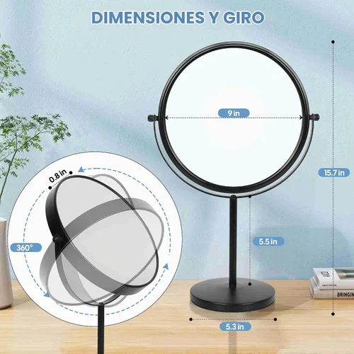 Vista 4 de Espejo de maquillaje de mesa de gran tamaño con aumento, espejo de tocador giratorio de 360° de doble cara de 9 pulgadas, espejo de aumento 1X/10X