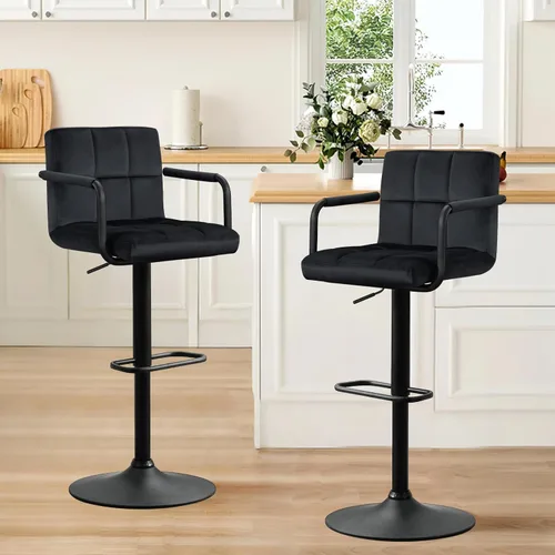 Vista 8 de Furniliving Taburetes de bar ajustables con respaldo, juego de 2 taburetes de bar negros, taburetes de bar de terciopelo con giro de 360°, taburetes