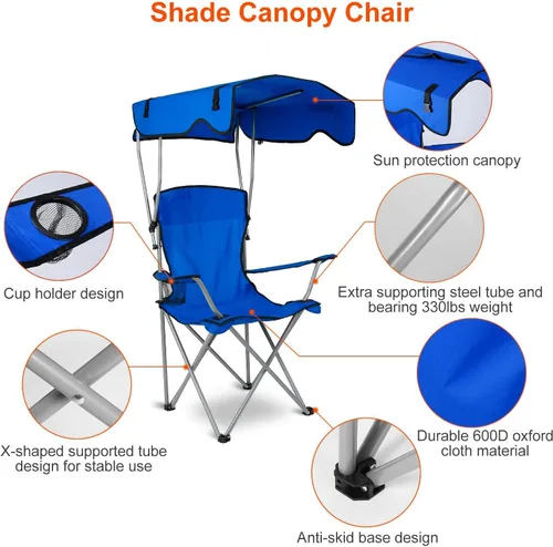Vista 4 de KOCASO Silla plegable para exterior, silla de campamento plegable con sombra, protección solar, camping, reclinable, bolsa de transporte