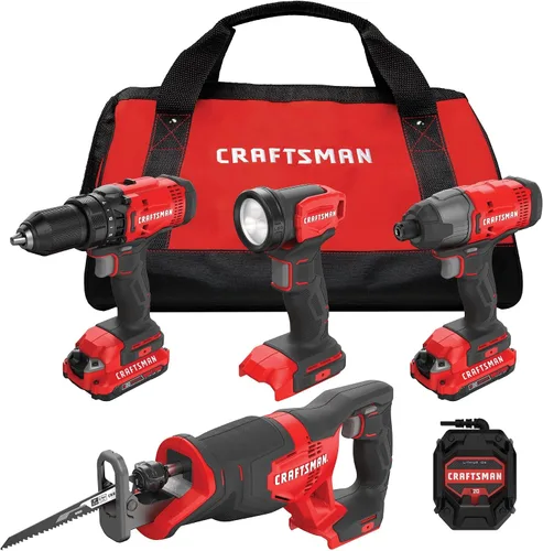Vista 2 de CRAFTSMAN V20 Kit combinado de herramientas eléctricas inalámbricas de 4 herramientas con 2 baterías y cargador (CMCK400D2)