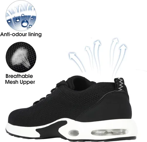 Vista 6 de Tinefiy Zapatos de punta de acero para hombres y mujeres, ligeros, con amortiguación de aire, zapatillas de seguridad antideslizantes