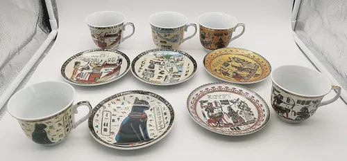 Vista 4 de Juego de tazas y platillos de café expreso de cerámica dorada egipcia, taza Demitasse de 3.4 oz/3.4 fl oz, regalo de porcelana para cumpleaños