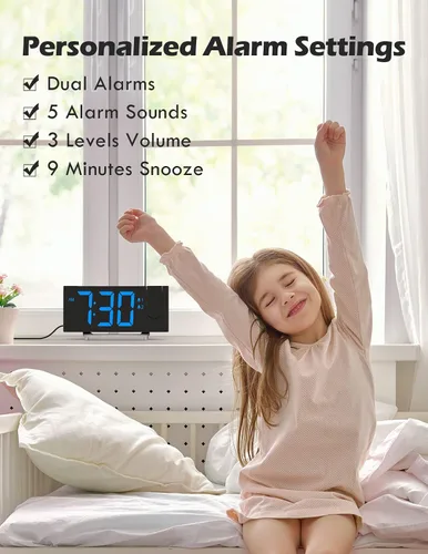 Vista 6 de Reloj despertador de proyección con radio FM, puerto de carga USB, atenuador 0-100%, alarma dual, pantalla LED HD, 30 estaciones preestablecidas