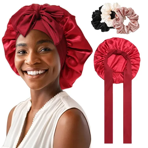 Vista 12 de Gorro de satén para mujer, con banda de amarre para el cabello, para dormir, grande de 2 capas, gorro de dormir de seda para dormir con 3 coleteros