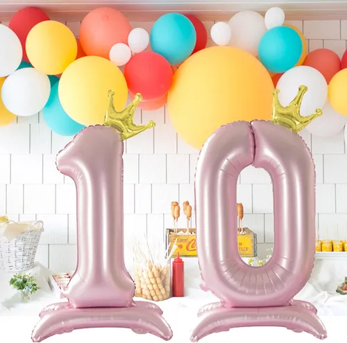 Vista 3 de Corona Rosa Número 0 Globo con Base para Decoración de Fiesta de Cumpleaños de Niñas Globo número 0