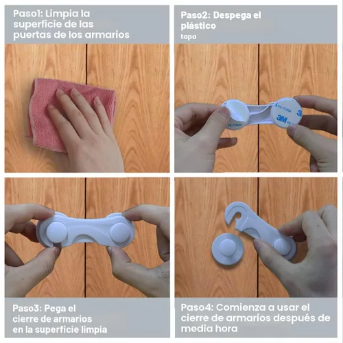 Vista 7 de Cerraduras de puerta de gabinete para seguridad de bebés y niños, paquete de 4 cerraduras de gabinete a prueba de niños con adhesivo para cajones