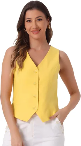 Vista 16 de Allegra K Chaleco para mujer, de verano, algodón, lino, sin mangas, con botones, cuello en V, totalmente forrado, chalecos recortados Negro