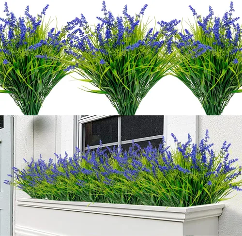 Vista 13 de 8 piezas de plantas falsas para exteriores, resistentes a los rayos UV, plantas de césped alto artificiales, flores tropicales, arbustos, decoración