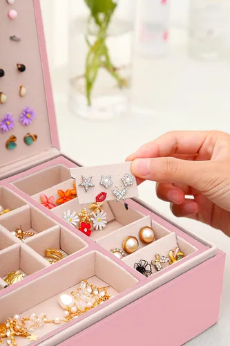 Vista 5 de QBestry Organizador de aretes de tuerca para niñas caja de joyería rosa para aretes collar organizador de joyas caja de aretes para mujer soporte