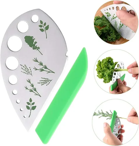 Vista 2 de Pelador de hierbas de hojas con 9 agujeros, removedor de hojas de acero inoxidable, herramienta de cocina con soporte protector, herramienta