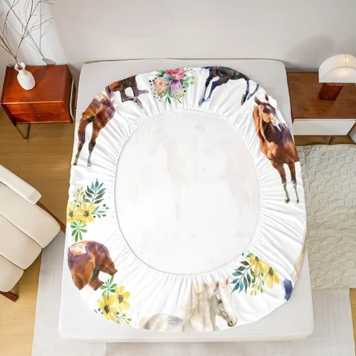 Vista 5 de Sábana bajera ajustable de caballo, sábanas de flores de animales de granja, tamaño individual para niños, adolescentes, adultos, dormitorio, juego