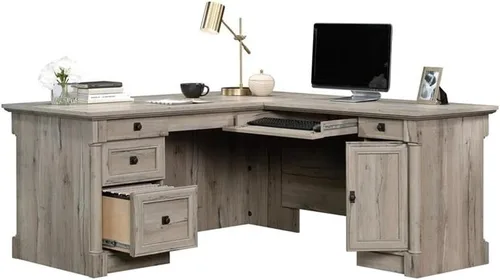 Vista 5 de Pemberly Row Escritorio contemporáneo en forma de L de madera de diseño contemporáneo de 65 x 69 pulgadas con almacenamiento, cajones, panel Roble