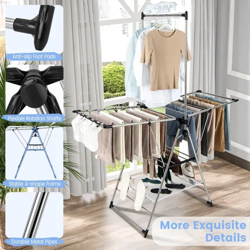 Vista 6 de Giantex Estante de secado de ropa, estante de secado de ropa plegable con altura ajustable de 6 niveles, diseño de colgador alto, clips laterales