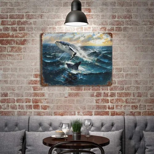 Vista 4 de Zomyto Letrero de metal retro con diseño de ballena de baño, letrero de aluminio, tema de vida marina, regalos para océano, vintage, baño, cueva