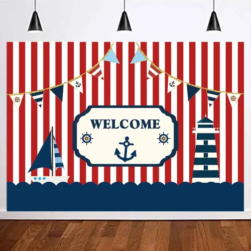 Vista 6 de Fondo de fotografía para fiestas temáticas náuticas de 7 x 5 pies, color rojo y blanco, a rayas marinas, barco, decoración de fondo para niños