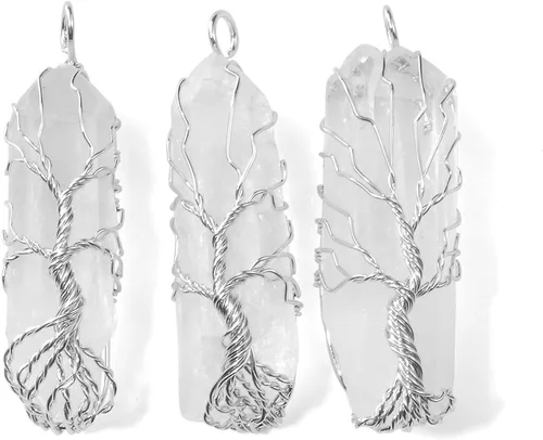 Vista 4 de Top Plaza - Collar de cristal curativo de piedra natural cruda, diseño de árbol de la vida, envuelto en alambre, con dije de cuarzo transparente