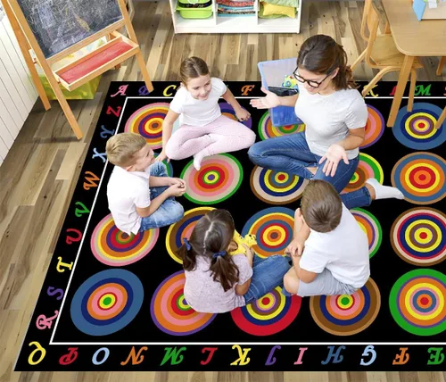 Vista 2 de HUAHOO Alfombra pequeña para aula, alfombra negra para educación preescolar primaria, alfombra para habitación de niños con respaldo antideslizante