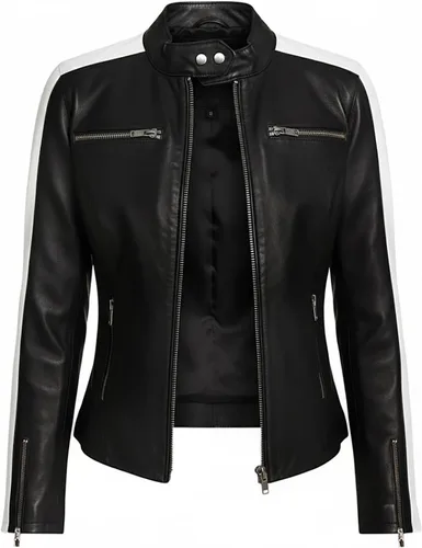 Vista 3 de Womens Racing Style Black Lambskin Leather Jacket - Cafe Racer Retro Biker White Stripes Vintage Motorcycle Jacket