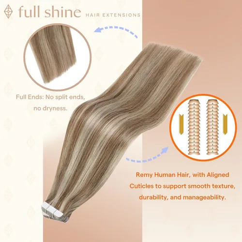 Vista 48 de Full Shine - Extensiones de cabello humano con cinta, mezcla de rubio hongo # 8 castaño ceniza resaltado 60 rubio ceniza