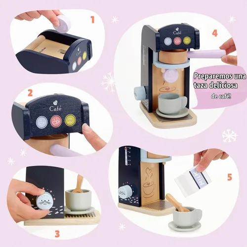 Vista 5 de PairPear - Cafetera de madera para niños, accesorios de cocina 15 piezas de juguetes de cocina de madera para alimentos, cafetera para niños