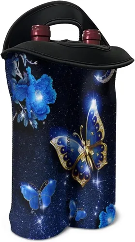 Vista 2 de doginthehole Bolsa de vino de mariposa azul con asa de neopreno para vino, champán, bolsas de cerveza, reutilizable, lavable, portátil, 2 botellas