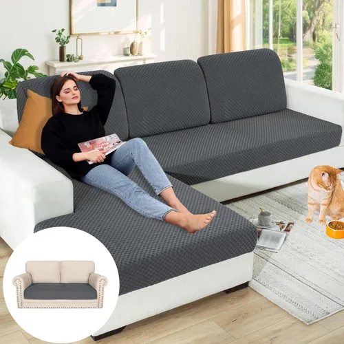 Vista 59 de YEMYHOM Funda de cojín para sofá, funda de cojín de asiento de alta elasticidad, tela jacquard geométrica de felpa, protector de sofá antideslizante
