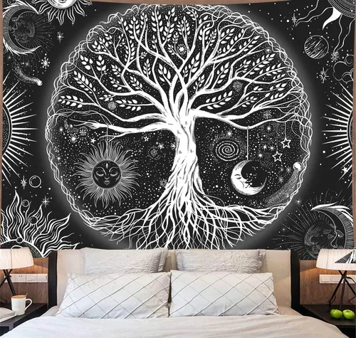 Vista 8 de FORATER Tapiz Colgante de Pared del Árbol de la Vida Colorido Tapices del Árbol de la Vida Estético Tapiz de Pared de Sol y Luna Galaxia