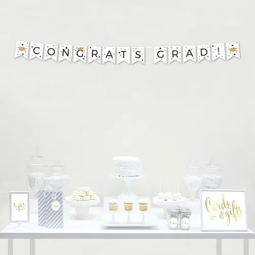 Vista 2 de Andaz Press Colección de fiesta de graduación con purpurina blanca y dorada, banderín colgante con cuerda, Congrats Grad!, 5 pies, 1 juego