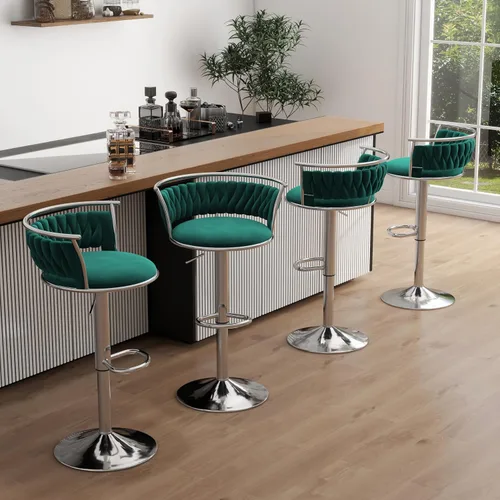 Vista 23 de Juego de 2 taburetes de bar giratorios de 360°, silla de bar de terciopelo ajustable a altura de mostrador moderna, taburete de metal plateado