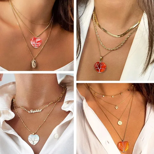 Vista 2 de Bestyle Collar de cristal curativo envuelto en árbol de la vida, colgante de piedra natal de 12 meses para parrillas de mujer, joyería de piedras