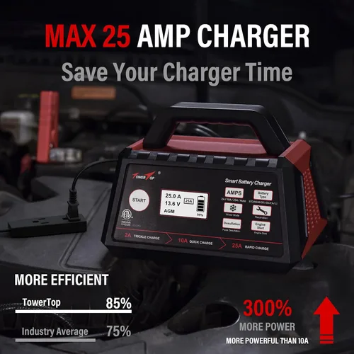 Vista 2 de TowerTop Cargador de batería inteligente de coche de 2/10/25 amperios de 12 V, mantenedor de batería completamente automático con arranque