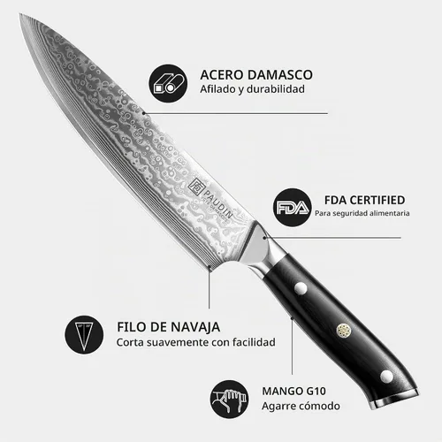 Vista 3 de PAUDIN Cuchillo de chef de Damasco, cuchillo de cocina de 8 pulgadas, cuchillo de acero de Damasco de 67 capas, núcleo japonés VG10, cuchillo