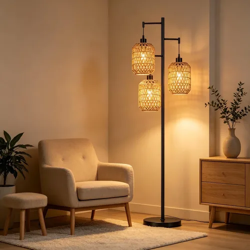 Vista 2 de QIYIZM - Lámpara de pie con diseño de árbol de 3 bombillas; alta, rústica, estilo rural, industrial y boho, pantalla de mimbre y bambú; para sala