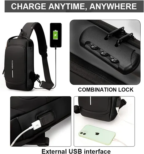 Vista 4 de Bolsa de motocicleta para hombre mochila cruzada impermeable sobre el hombro con carga USB Negro Mochilas Daypack