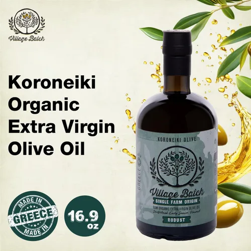 Vista 2 de Village Batch Koroneiki Aceite de oliva virgen extra orgánico, 16.9 onzas (paquete de 1) AOVE prensado en frío y sin filtrar, aceite de oliva griego