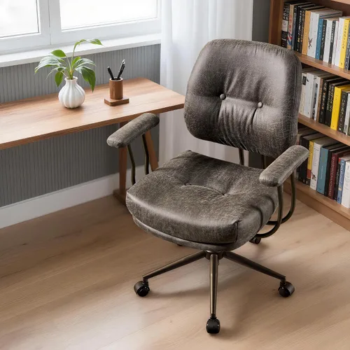 Vista 16 de Silla de oficina Mid Century Modren, silla ejecutiva giratoria con soporte lumbar, silla de escritorio ergonómica de respaldo medio con ruedas Beige