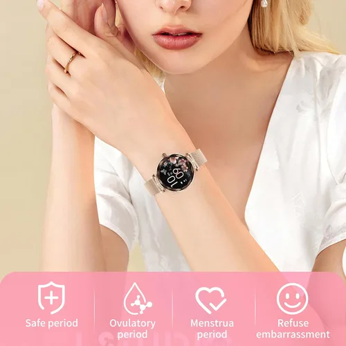 Vista 7 de Reloj inteligente para mujer Android/iOS, IP68, impermeable, con llamadas Bluetooth, recordatorio menstrual femenino (2 correas doradas)