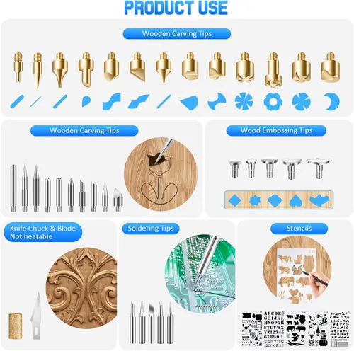 Vista 5 de Ninonly Kit de herramientas de pirograbado de madera de 121 piezas con guantes, juego de herramientas de pirograbado de madera con interruptor