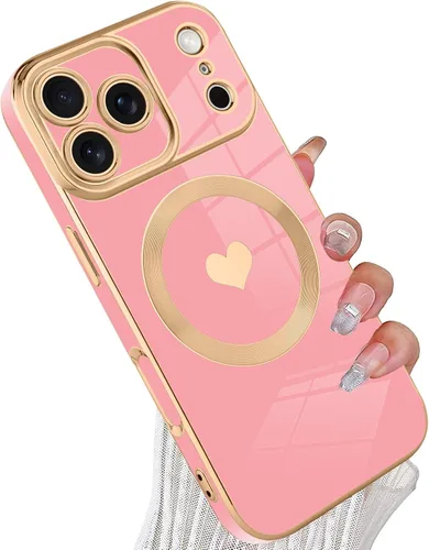 Vista 26 de tharlet Funda Magnética para iPhone 11 [Compatible con Magsafe] Lindo Corazón de Amor de Lujo Chapado Borde Dorado Parachoques con Lente de Cámara