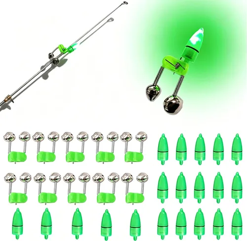 Vista 7 de Campanas de pesca con luces, 20 unidades, luces LED de pesca nocturna, 10 piezas de caña de pescar, campana de alarma de cebo, accesorios de pesca