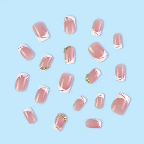 Vista 4 de LPOODDNU Uñas postizas cortas de punta francesa a presión, uñas postizas cuadradas, uñas acrílicas rosas con diamantes de imitación, puntas de uñas