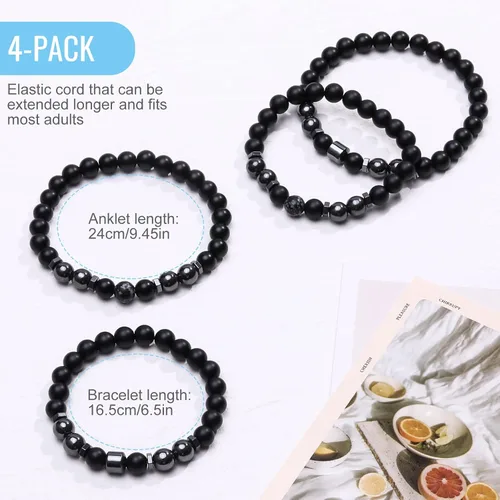 Vista 5 de Emibele Pulsera de desintoxicación linfática delgada para mujer, cuentas de hematita, obsidiana, antihinchazón, estiramiento para aliviar