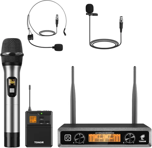 Vista 10 de TONOR Sistema de micrófono inalámbrico UHF con micrófono de auriculares/micrófono de solapa Lavalier, transmisor Bodypack, receptor recargable, 15