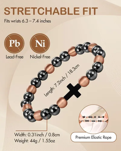 Vista 5 de Feraco Pulsera magnética de cobre puro para hombres y mujeres, 0.315 in, 99.99% cobre sólido y 3500 cuentas de hematita magnética Gauss, pulsera