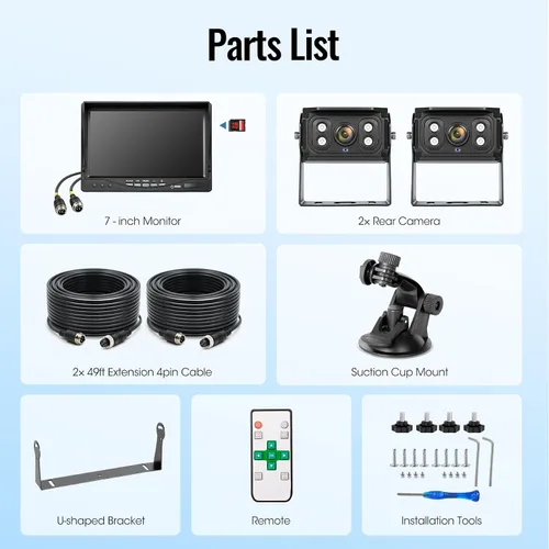 Vista 8 de Sistema de cámara de respaldo con 2 cables de 7 pulgadas, cámara de visión trasera DVR de doble pantalla, IP69 impermeable visión nocturna IR, 20G a