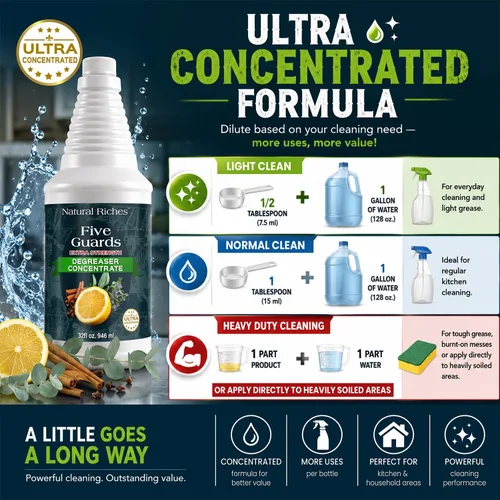 Vista 4 de Natural Riches Five Guards Degreaser Concentrate Makes Up to 64 Gallons, Essential Oil Blend Formula, Multi-Surface Cleaner for Kitchen, Cookware