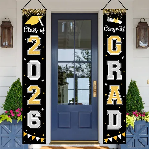 Vista 2 de Bandera de decoración de graduación 2025 GRAD Bandera negra para porche y puerta de bienvenida para pared interior y exterior, decoración
